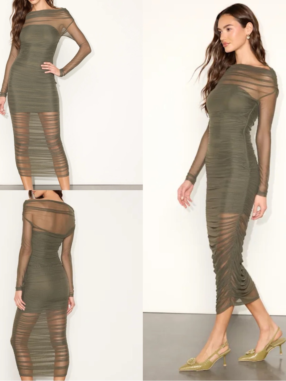 NWT lulus Sunama Olive Green Mesh Ruched Long Sleeve Bodycon Midi Dress m